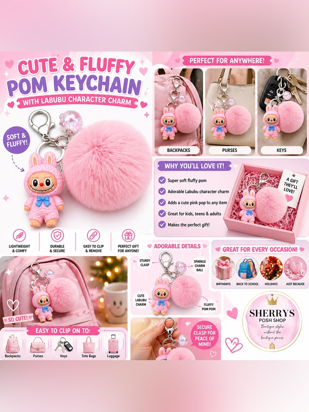 Cute Pink Fluffy Pom Keychain with Character Charm Ball Labubu